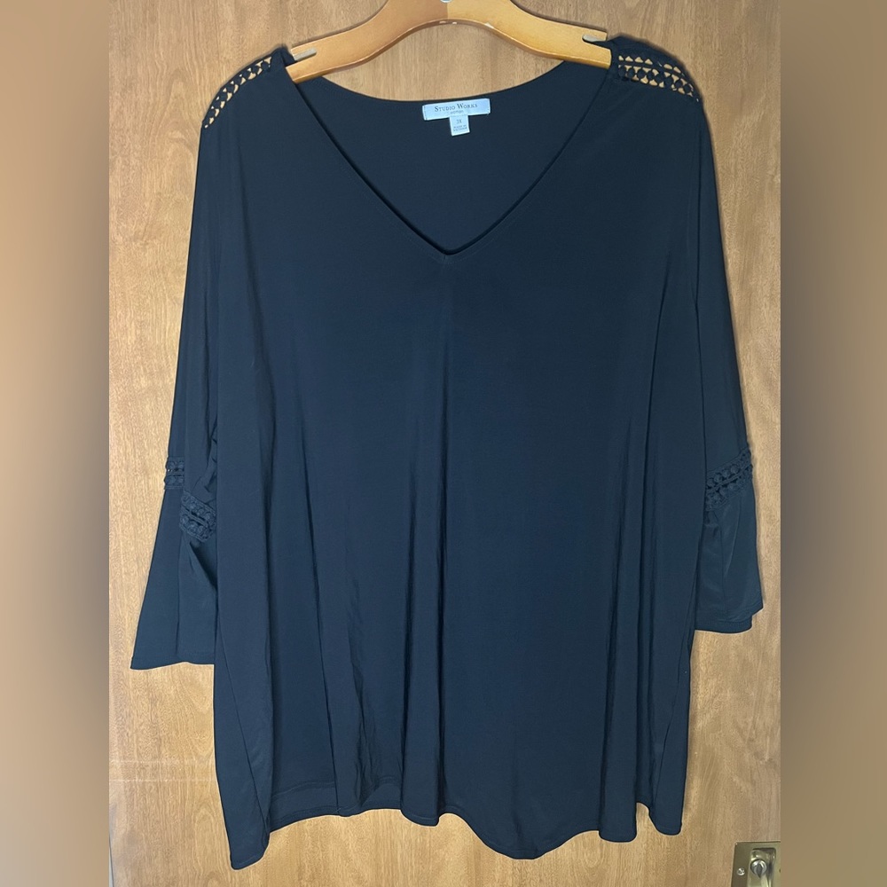Studio Works 3/4‎ Sleeve Blouse V neck peephole shoulder and part of sleeves